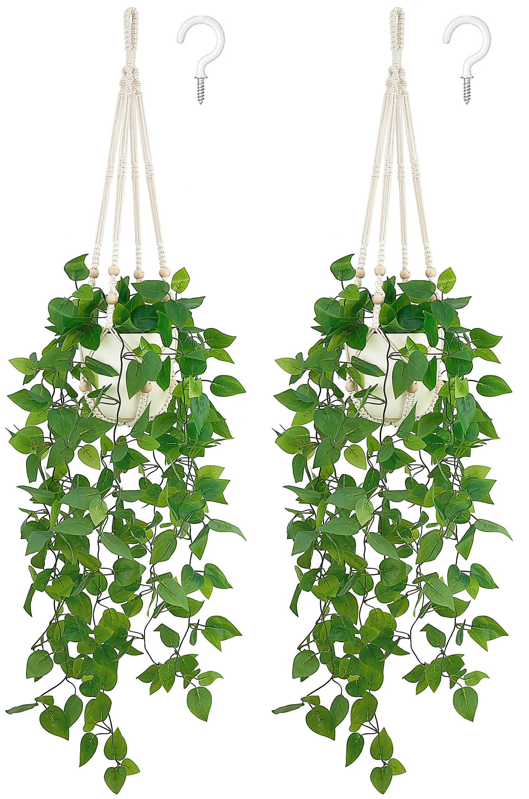Mkono hanging front view showing full faux pothos and ivory hanger for instant greenery