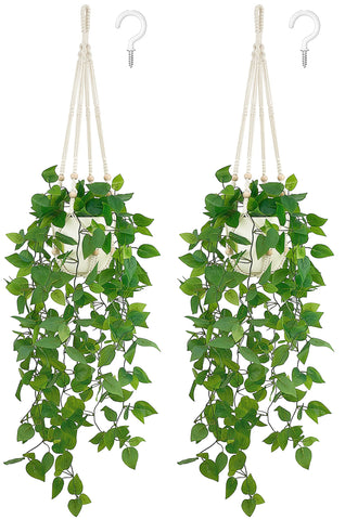 Mkono hanging front view showing full faux pothos and ivory hanger for instant greenery