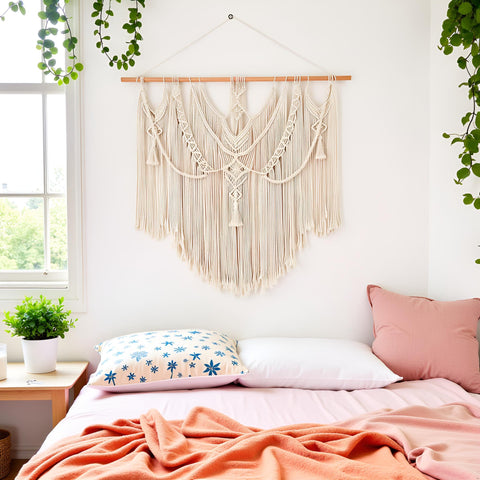 Mkono hanging over bed illustrating instant headboard-style impact benefit