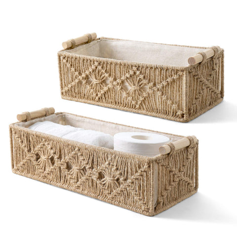 Mkono front view showing both brown macrame baskets and neat organization benefit