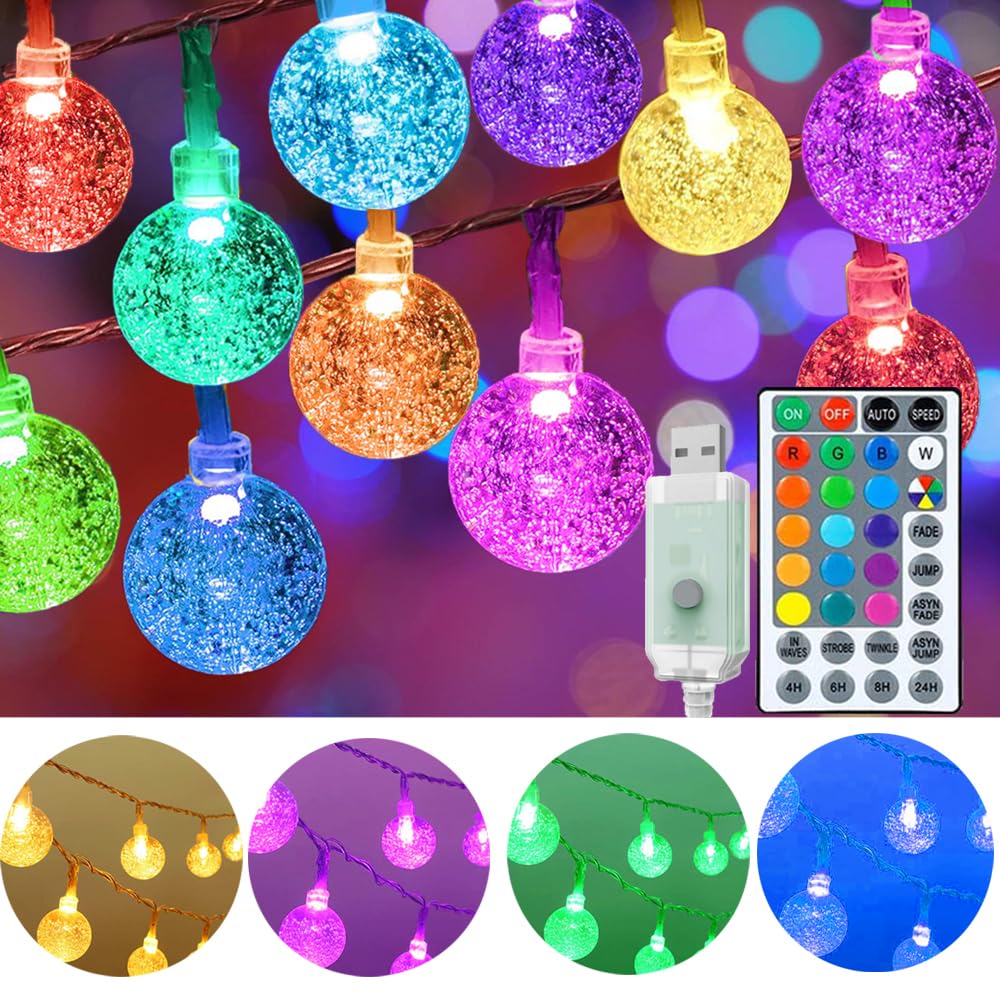 Mocalido front view of 50ft globe lights showing full strand and packaging, useful for sizing