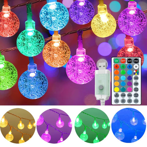 Mocalido front view of 50ft globe lights showing full strand and packaging, useful for sizing