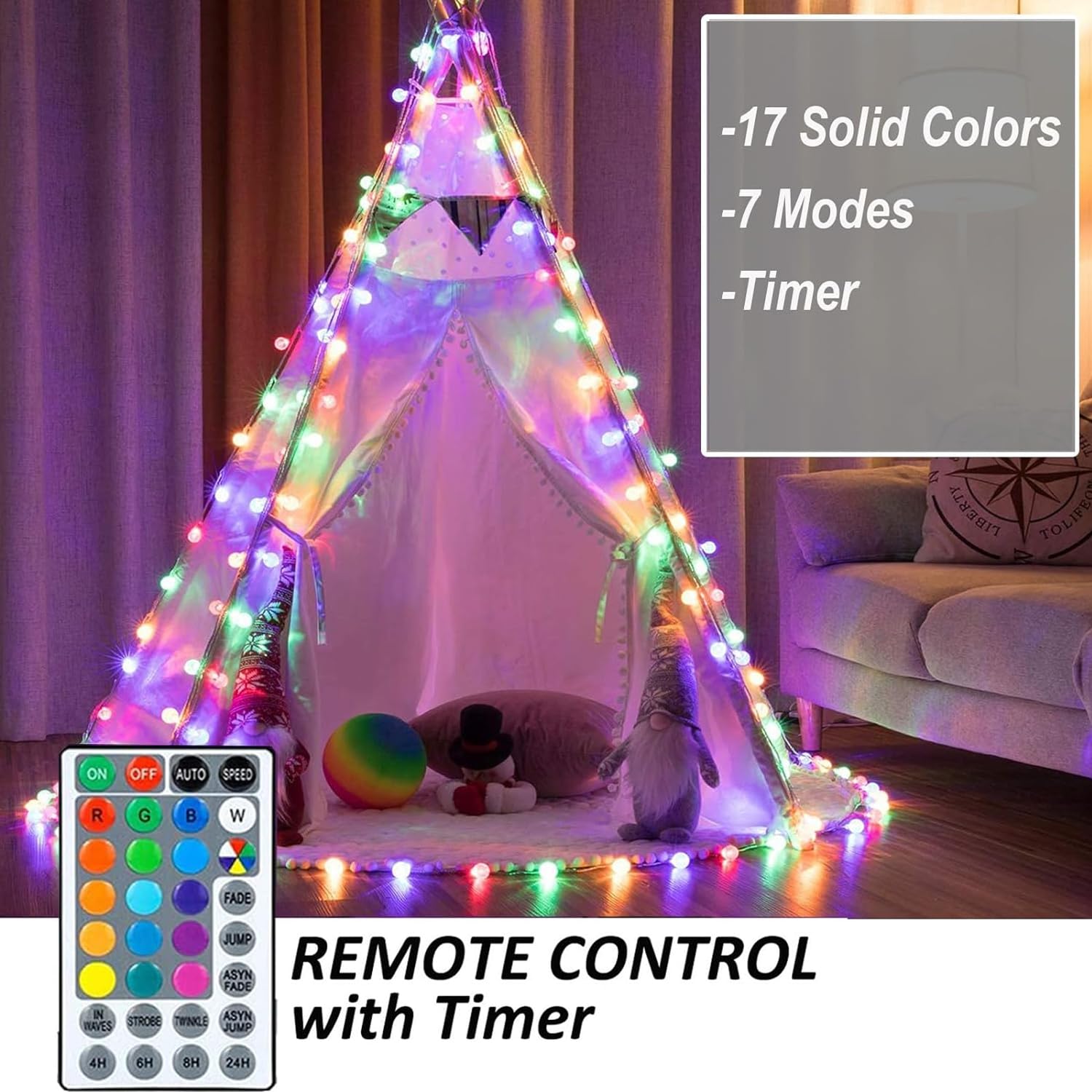 Mocalido lights hung across a bedroom creating cozy colored ambiance for relaxation