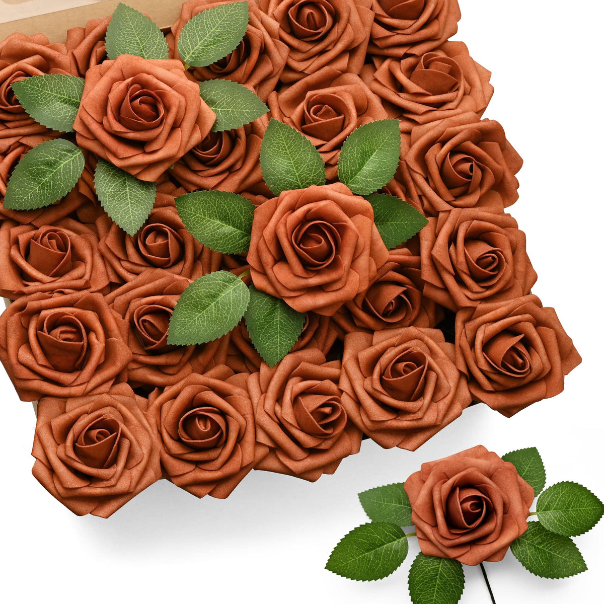 Mocoosy front packaging showing 50 burnt orange roses and value set