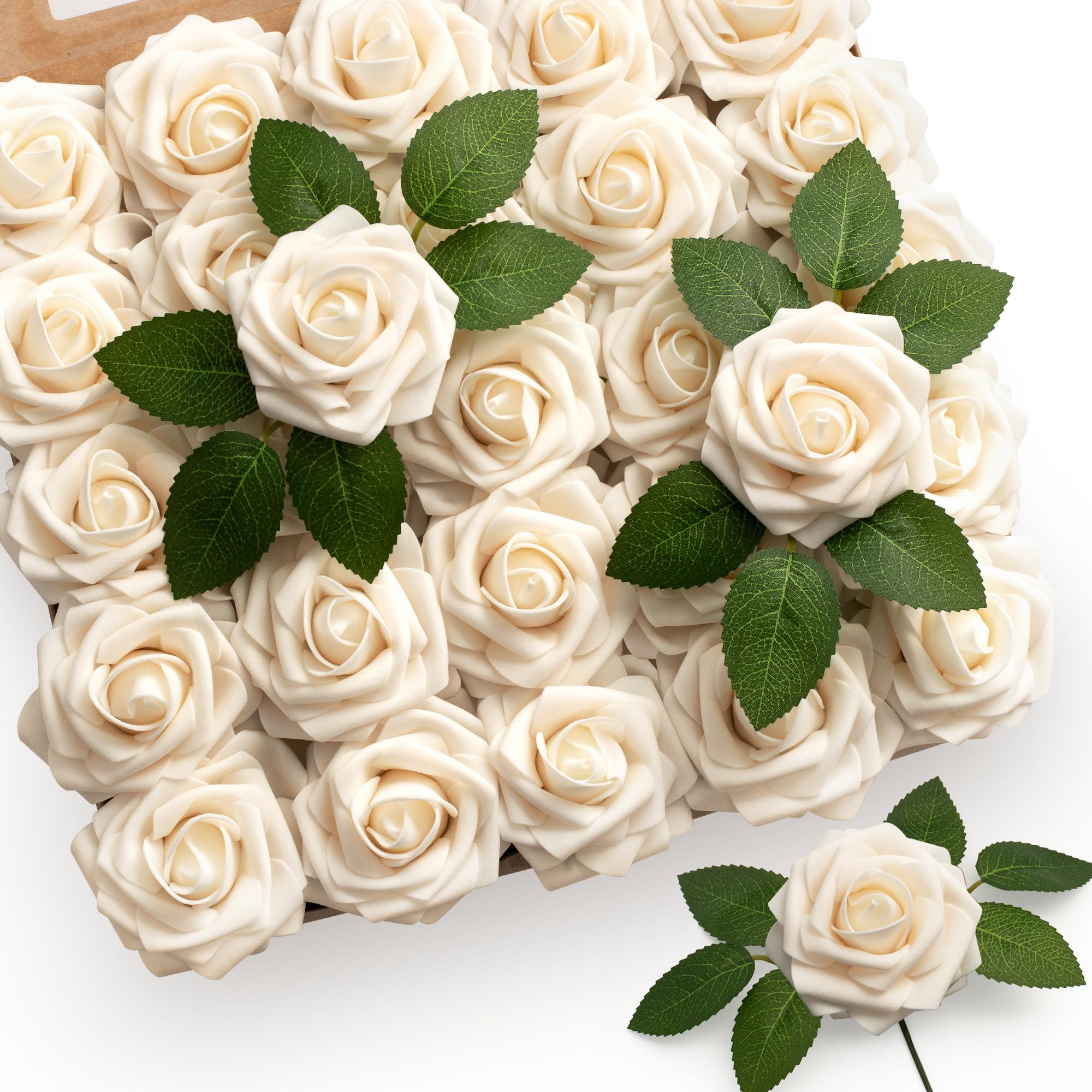 Mocoosy front packaging showing 50 cream roses and kraft box for easy storage