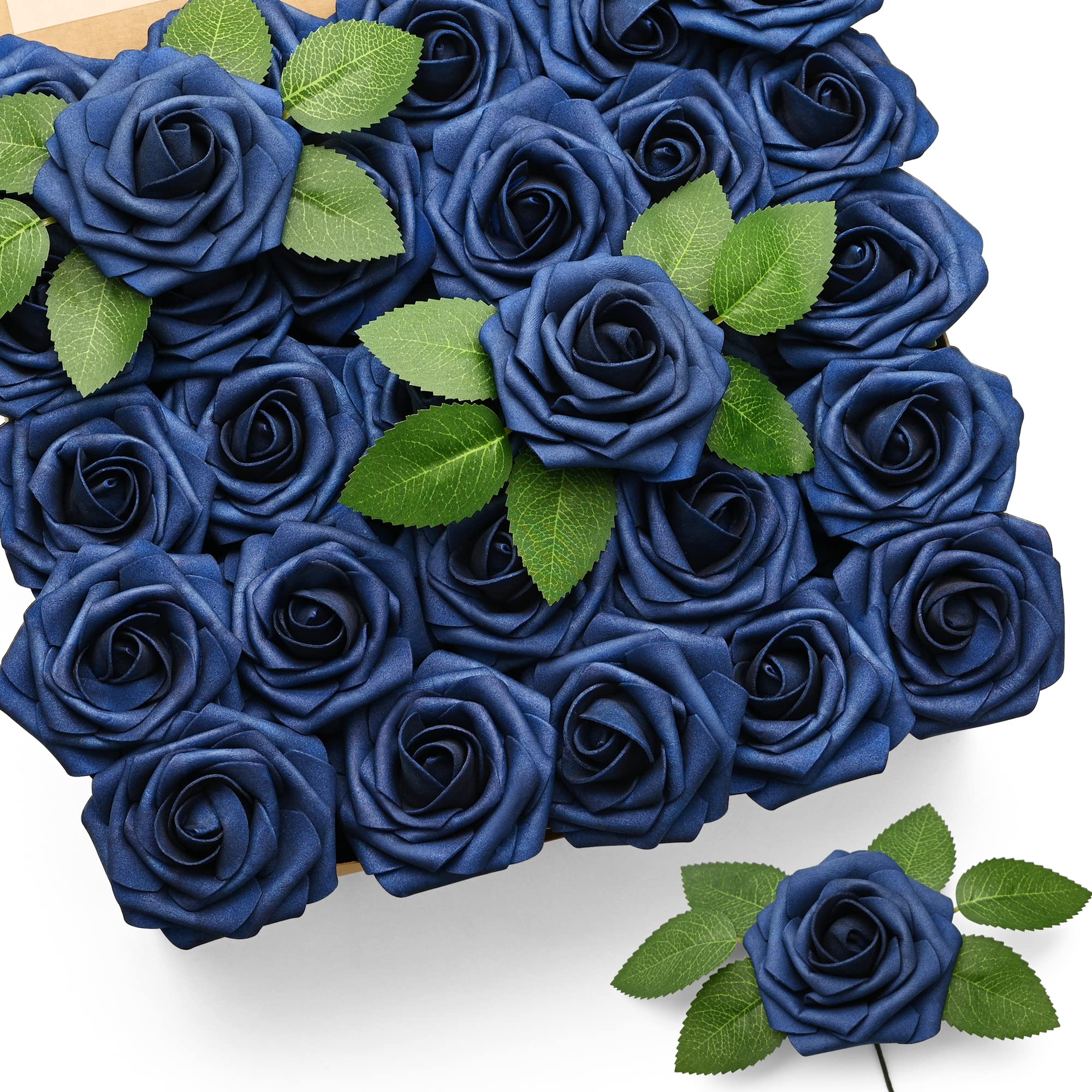 Mocoosy front packaging showing 50 navy blue roses and kraft box for easy gifting