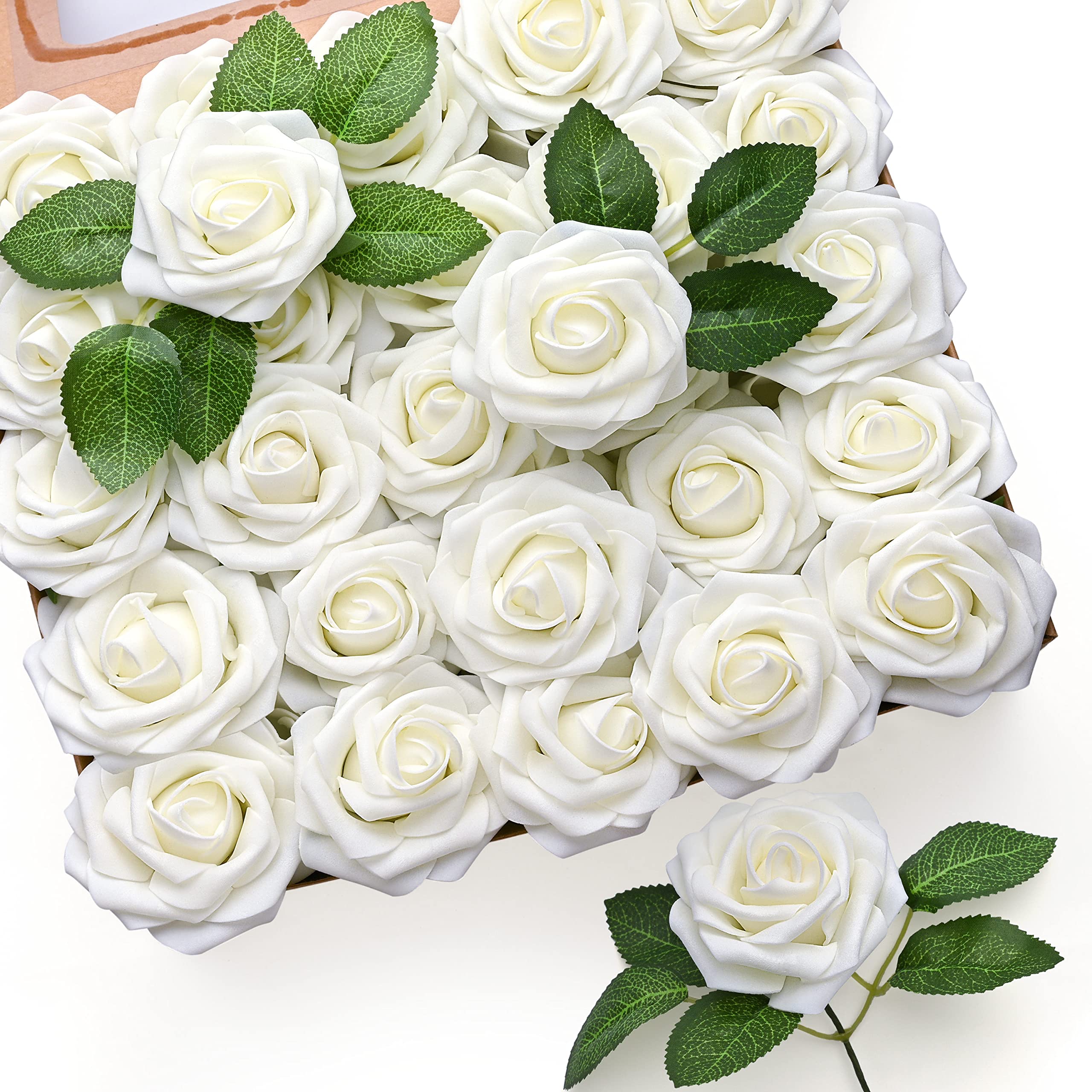 Mocoosy front view of 50-piece ivory rose pack showing neat bulk packaging and value