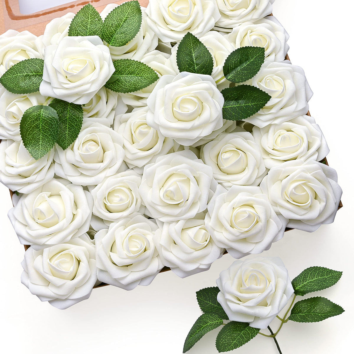 Mocoosy front view of 50-piece ivory rose pack showing neat bulk packaging and value