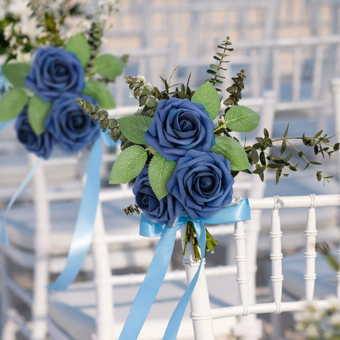 Mocoosy table centerpiece with navy roses demonstrating event styling and contrast