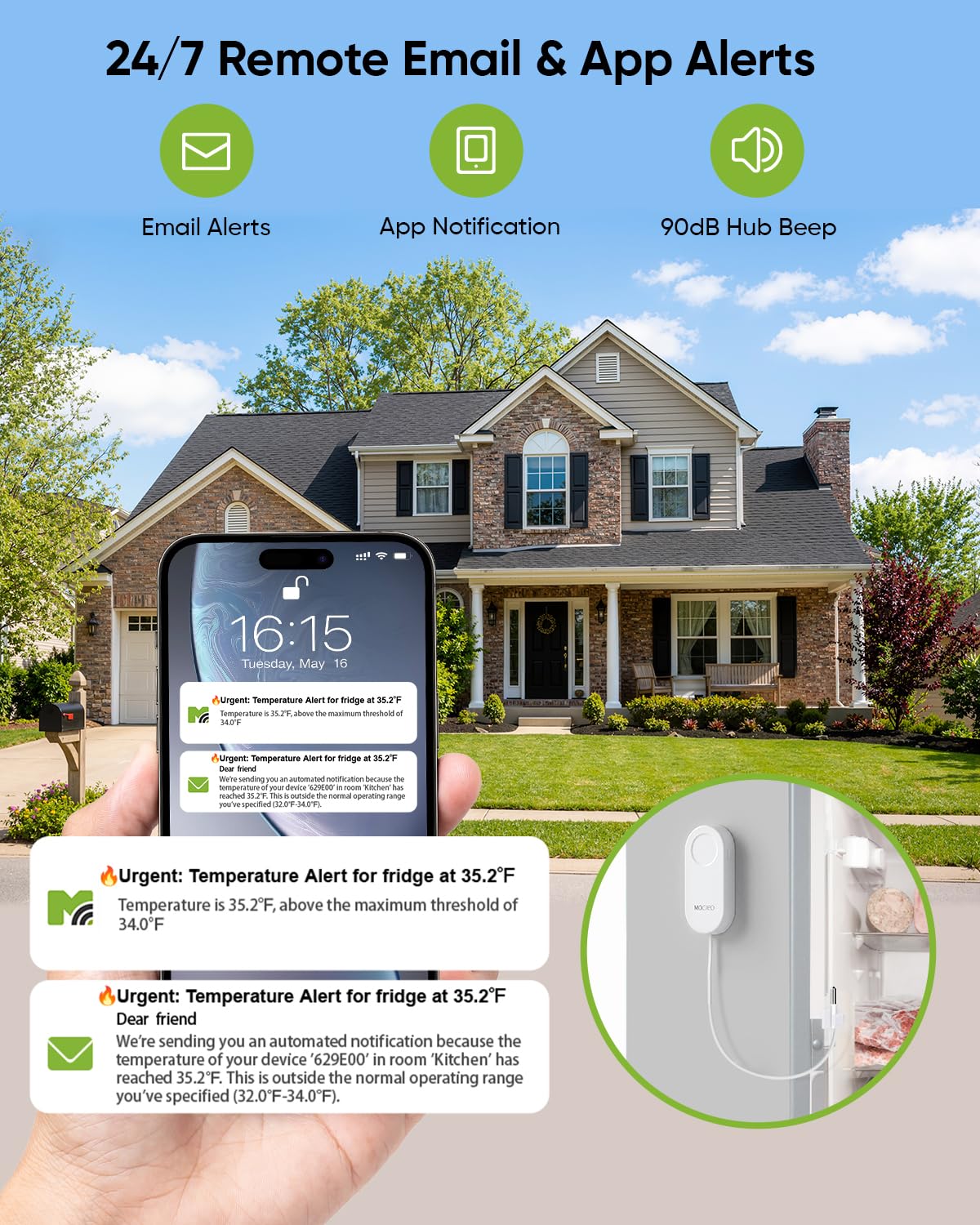 MOCREO wireless sensor angled to show slim profile and easy placement