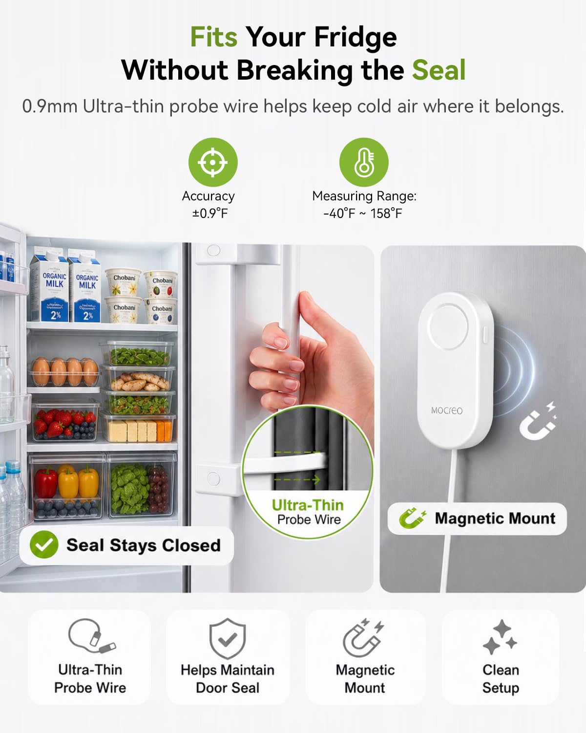 MOCREO sensor mounted inside freezer showing tidy placement and monitoring