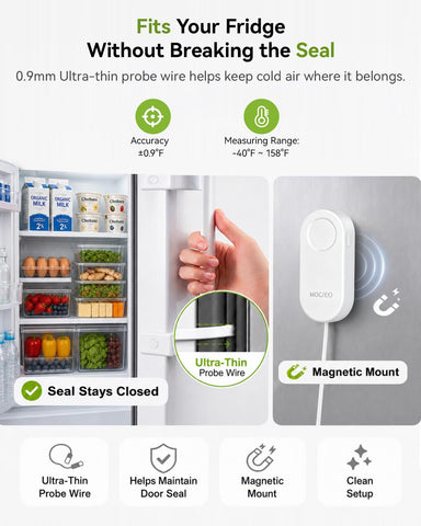MOCREO sensor mounted inside freezer showing tidy placement and monitoring