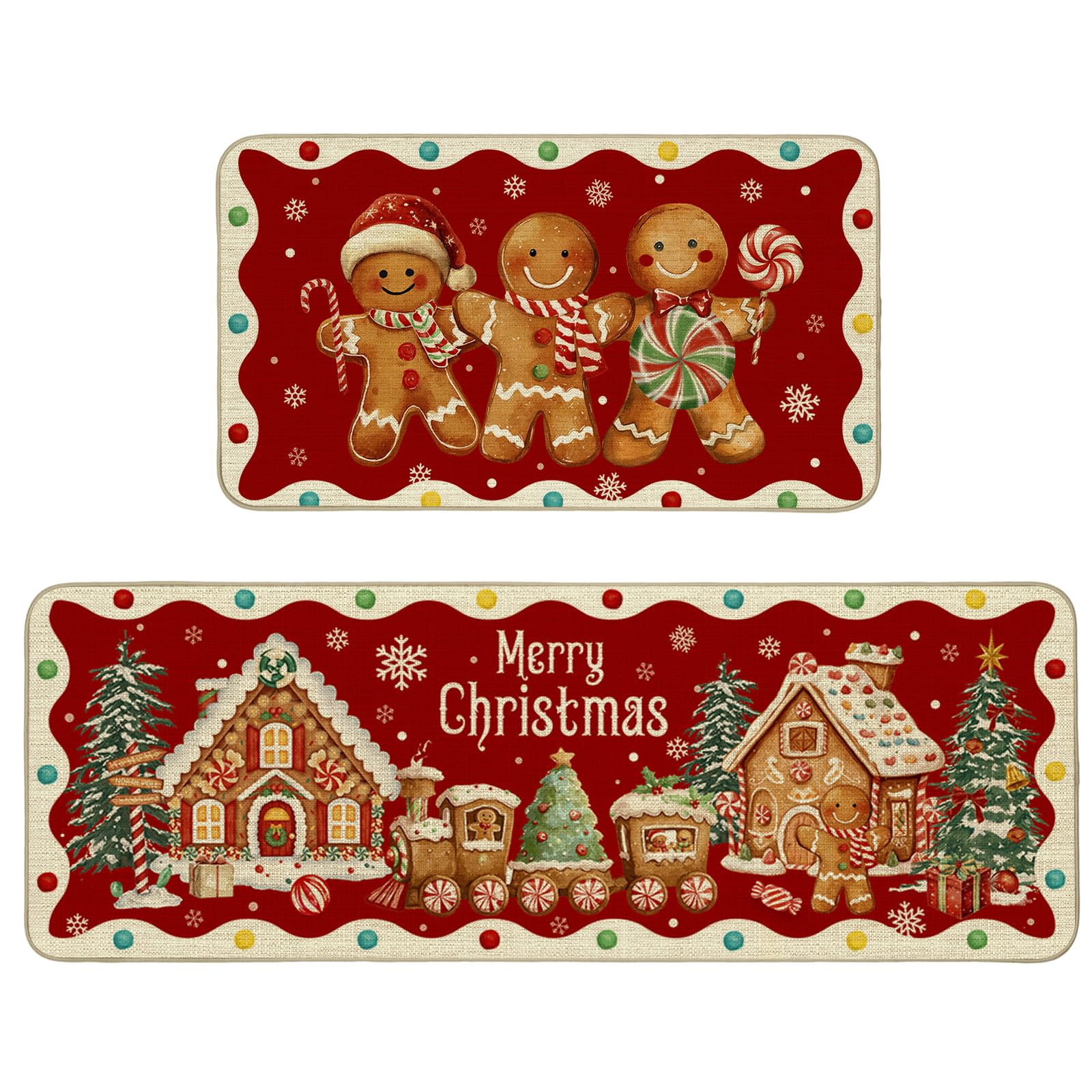 Mocsicka gingerbread rug front view showing festive design and coverage