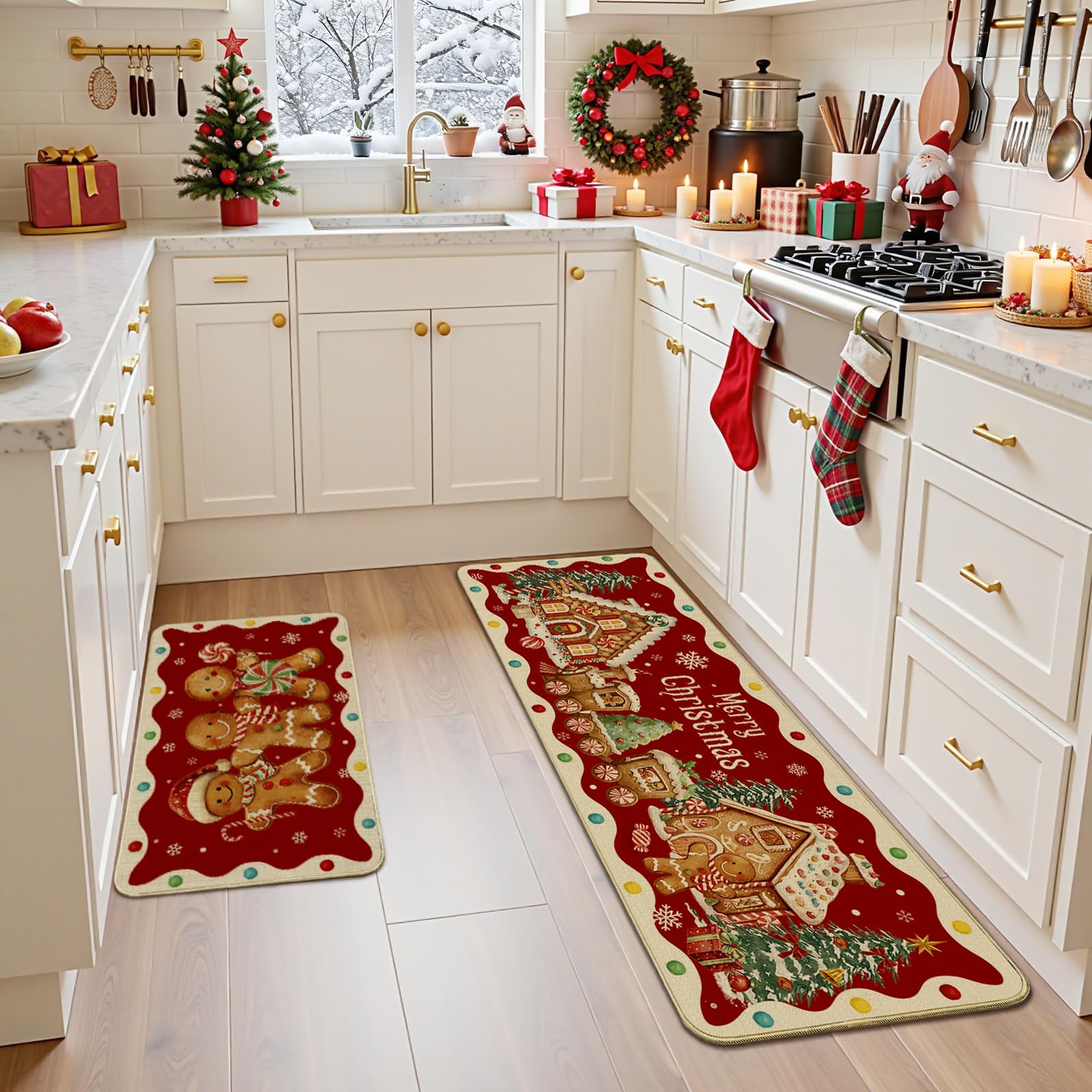 Mocsicka large runner laid in kitchen protecting floor and adding holiday cheer