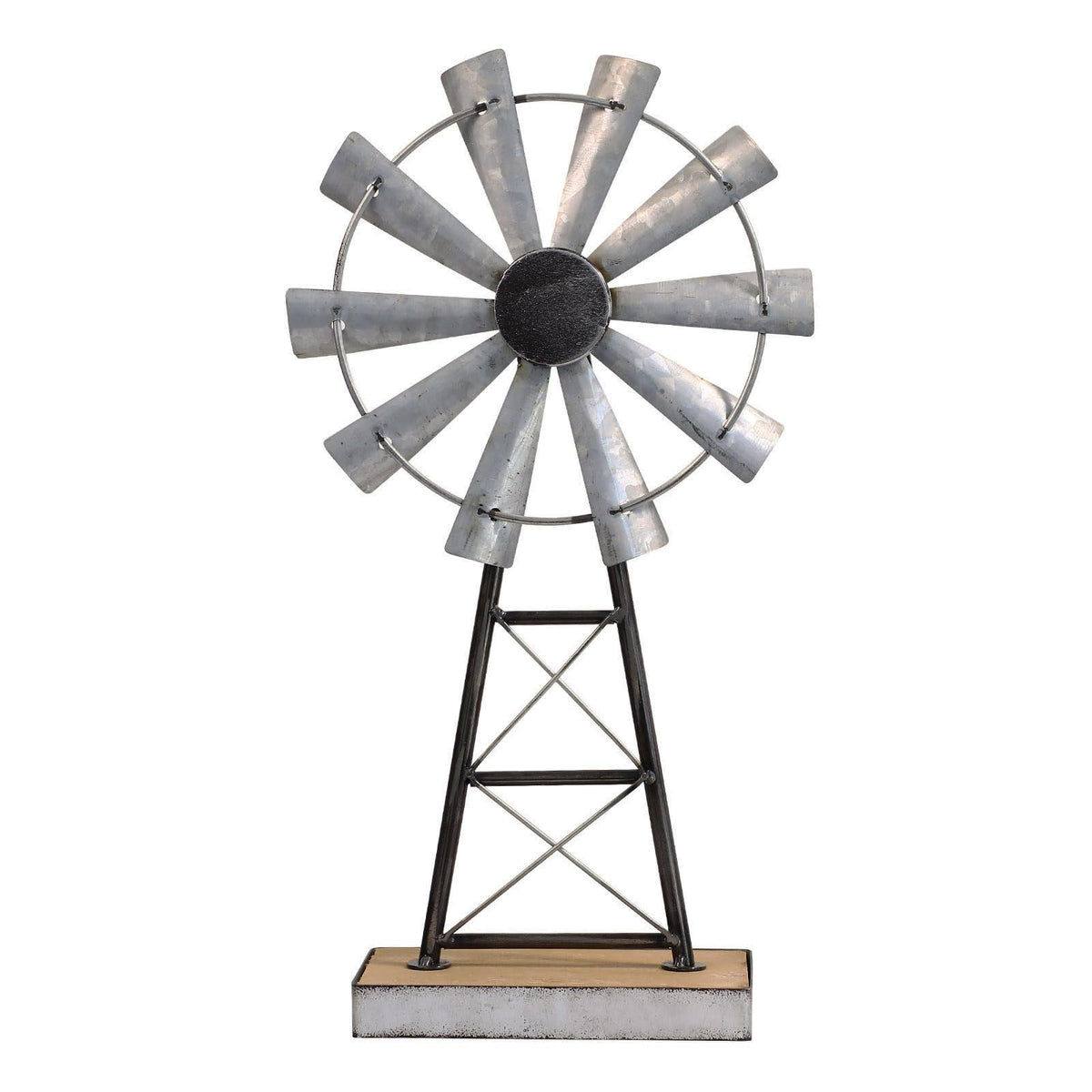 MODE HOME front view of galvanized windmill showing rustic charm and focal impact