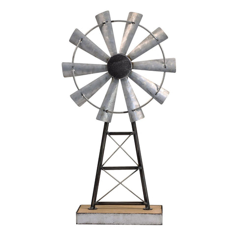 MODE HOME front view of galvanized windmill showing rustic charm and focal impact