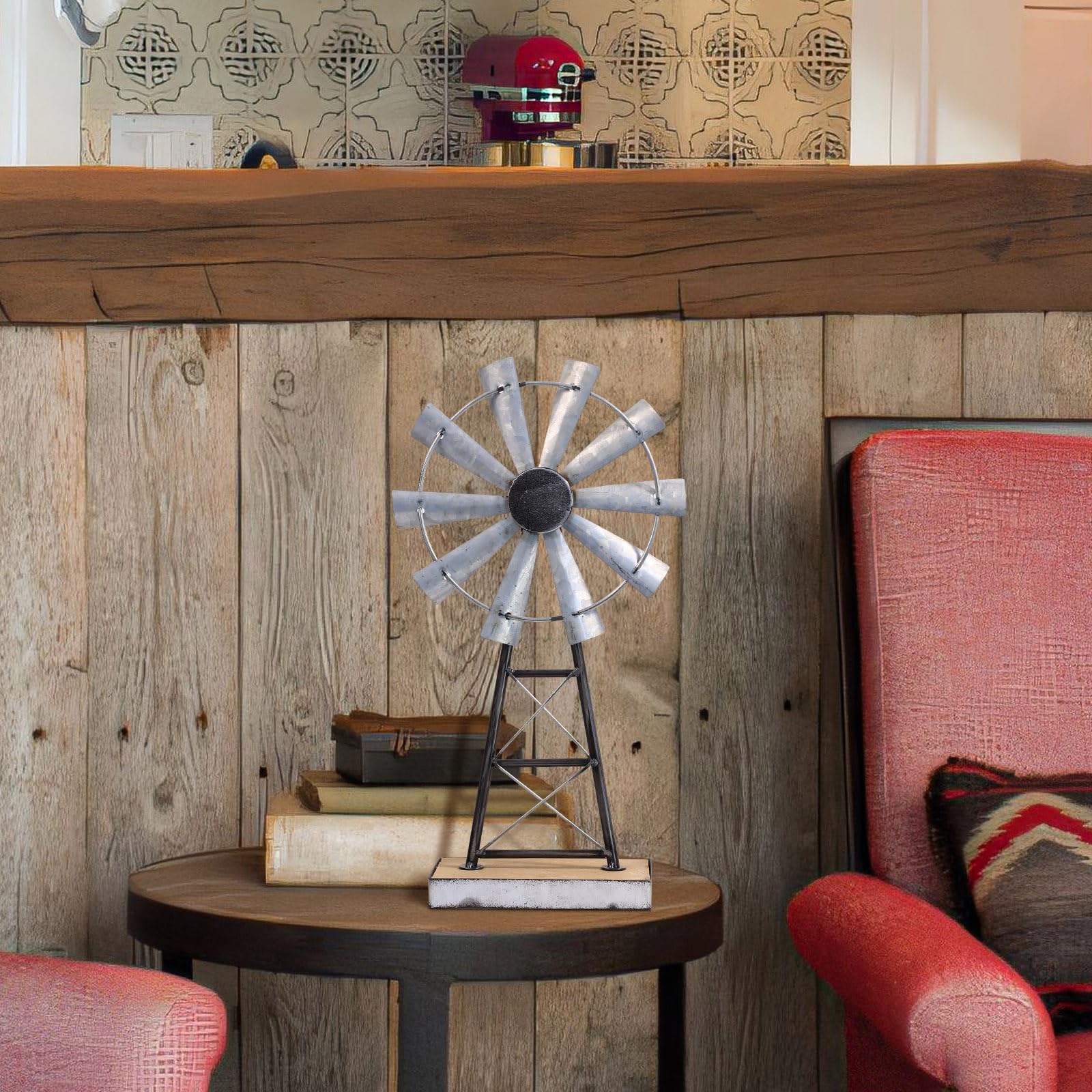 MODE HOME windmill staged in living room adding farmhouse character to decor