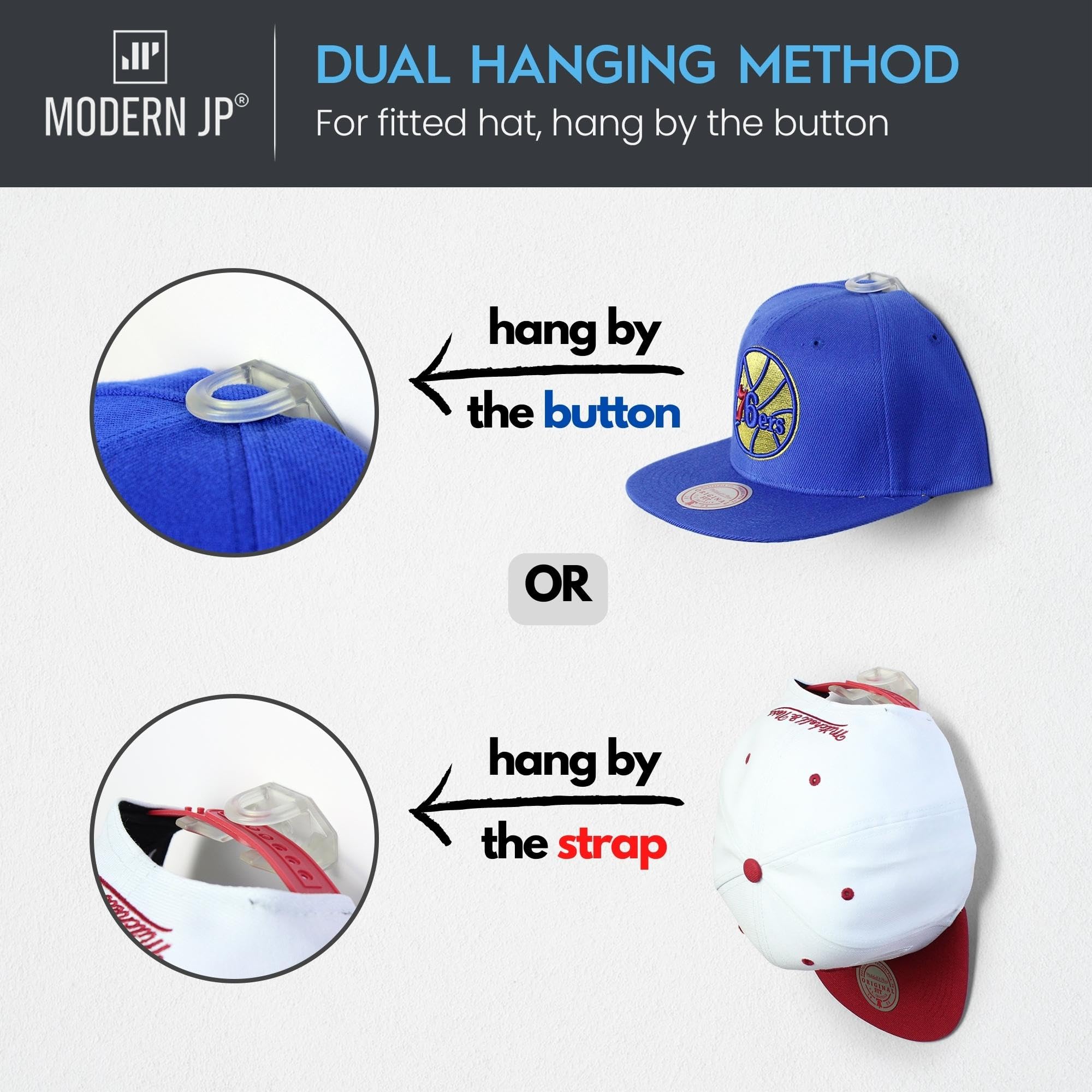 Modern JP hook with adjustable cap hung by strap showing versatile hanging option