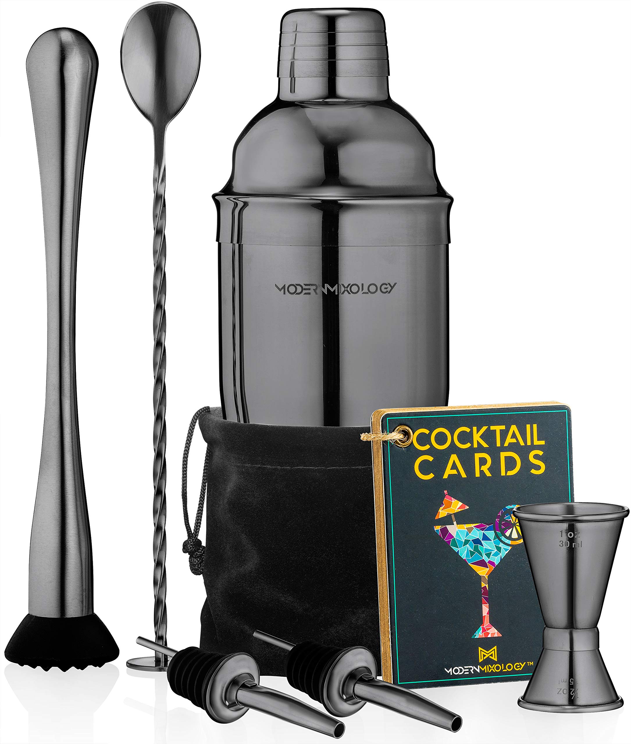 Modern Mixology front view of black 8-piece set showing complete kit and velvet bag benefit