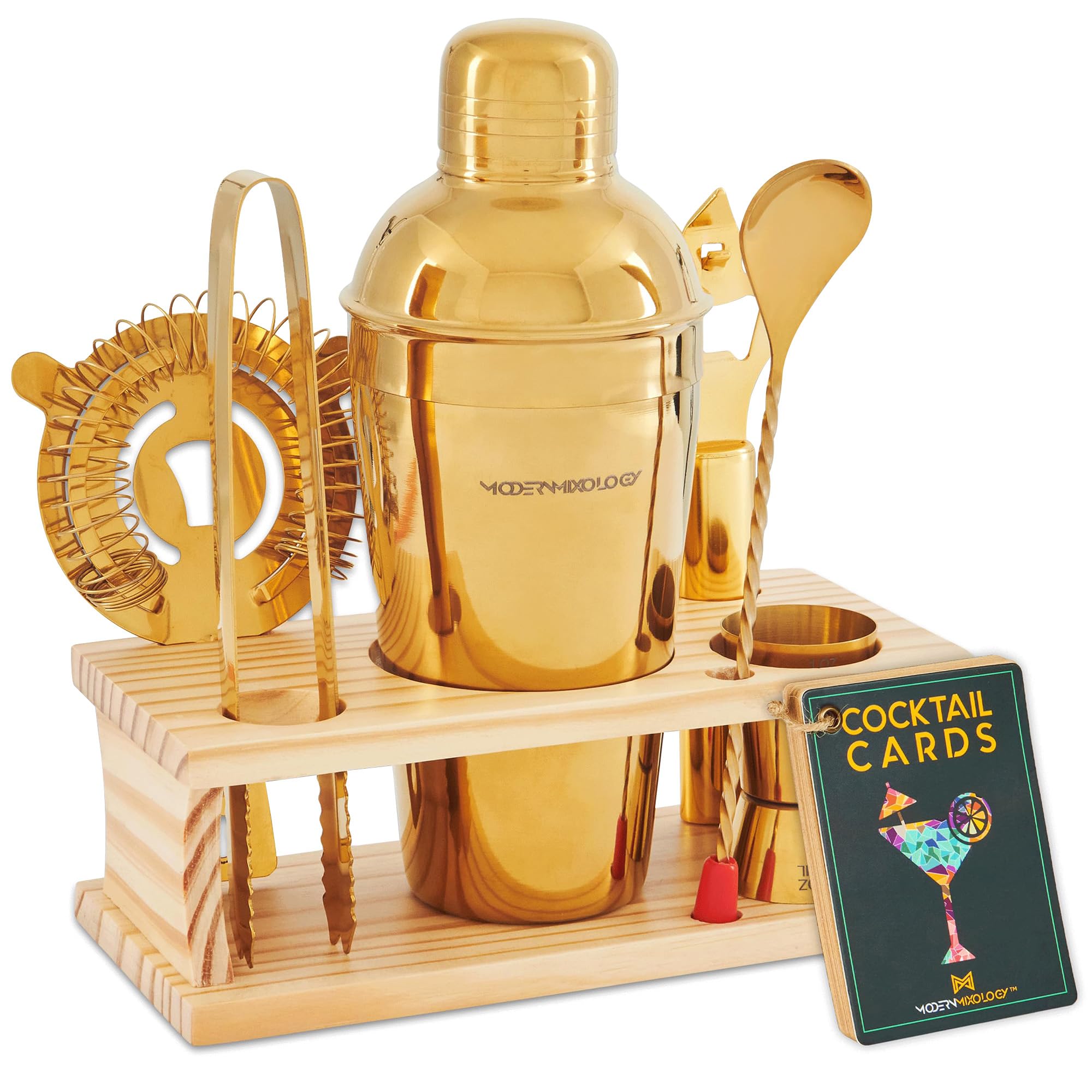 Modern Mixology gold shaker front view showing polished finish and benefit of elegant presentation