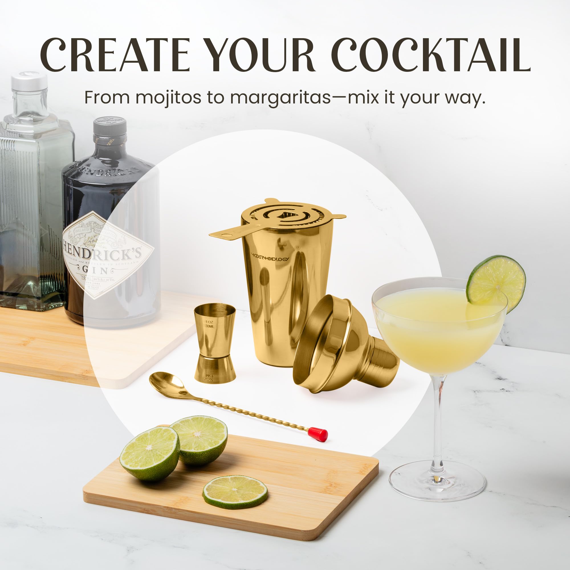 Modern Mixology jigger and spoon showing measurement markings for accurate pours