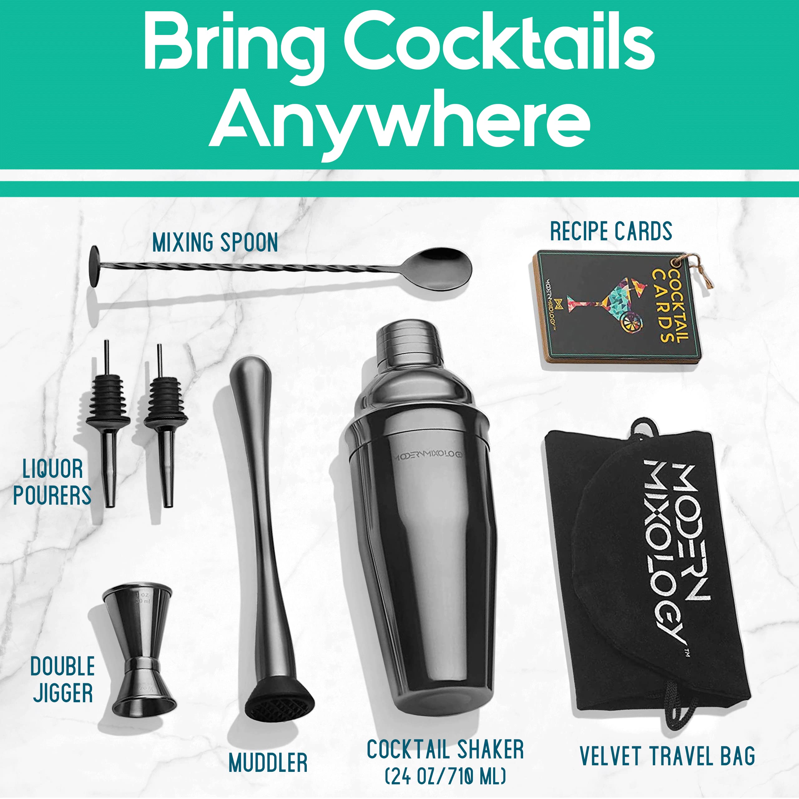 Modern Mixology close-up of 24oz shaker polished finish showing precise strainer benefit