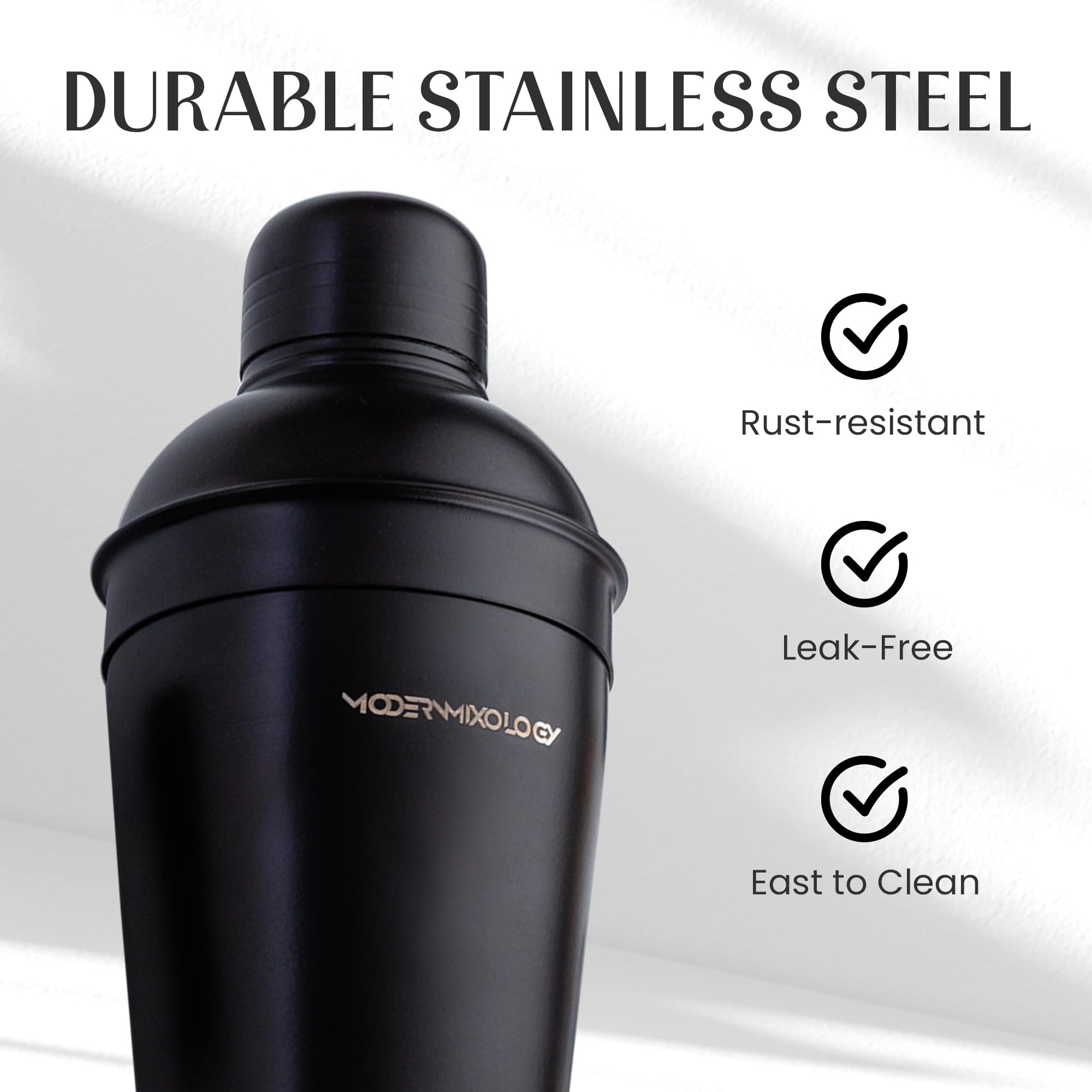 Modern Mixology 18oz shaker in hand for scale, compact control benefit