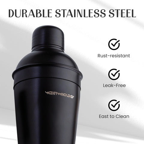 Modern Mixology 18oz shaker in hand for scale, compact control benefit