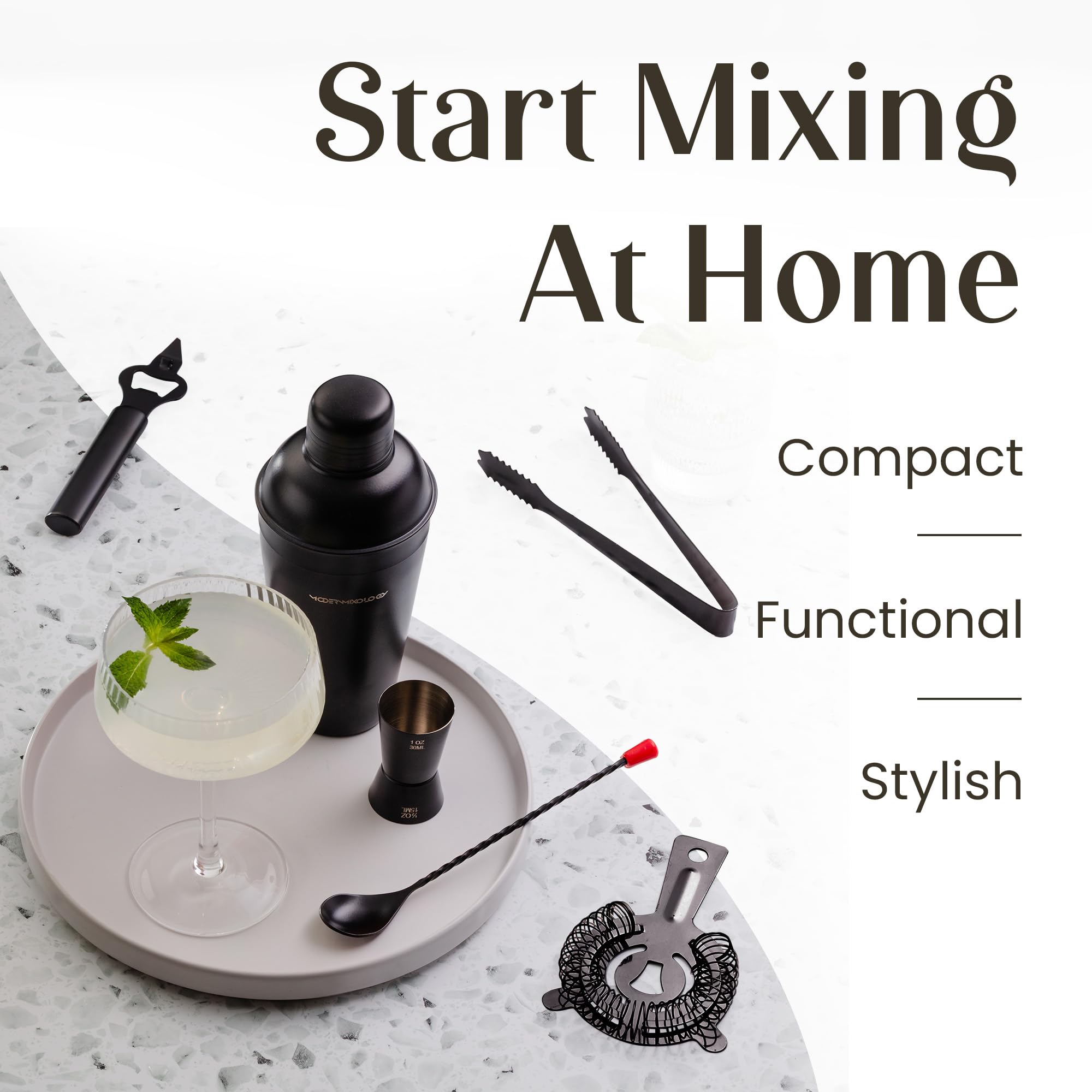 Modern Mixology all tools arranged on pine stand, organized storage benefit