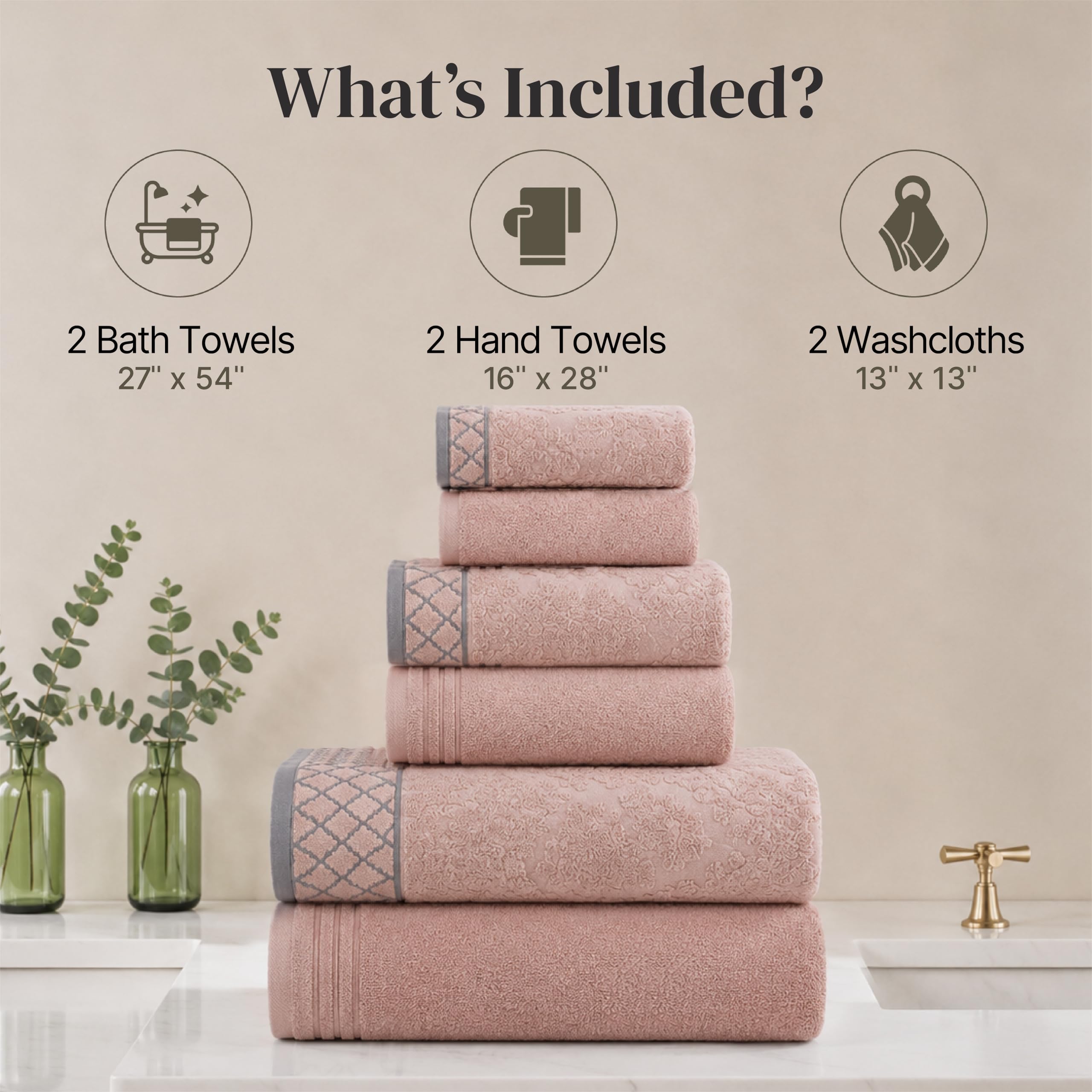Modern Threads folded bath towel stack in blush showing soft thickness benefit: organized storage