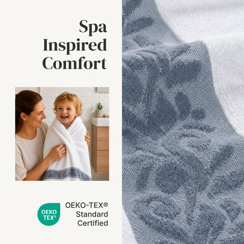 Modern Threads blue bath towel hanging in bathroom demonstrates quick drying and coverage