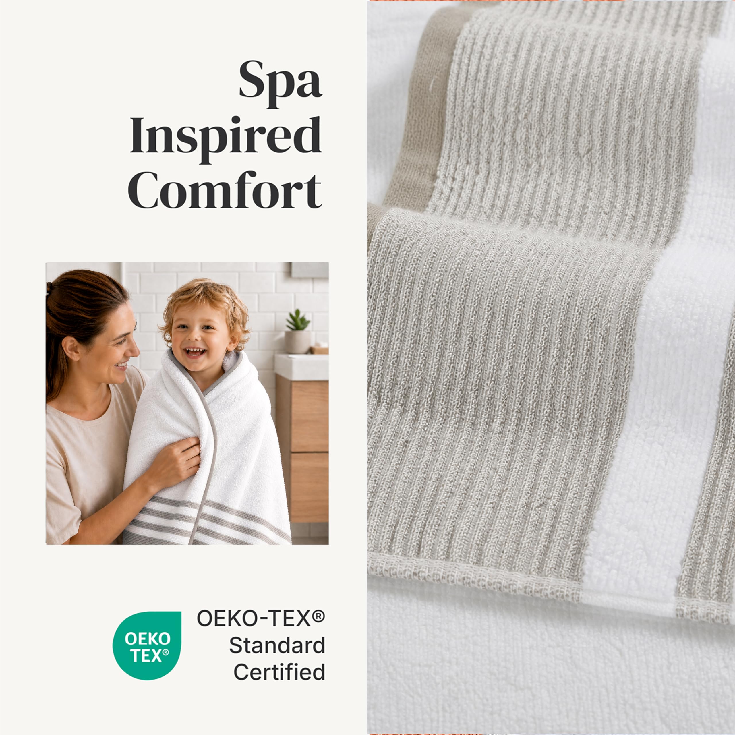 Modern Threads towels styled in bathroom showcasing warm brown stripe and curated decor appeal