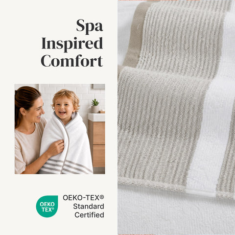 Modern Threads towels styled in bathroom showcasing warm brown stripe and curated decor appeal