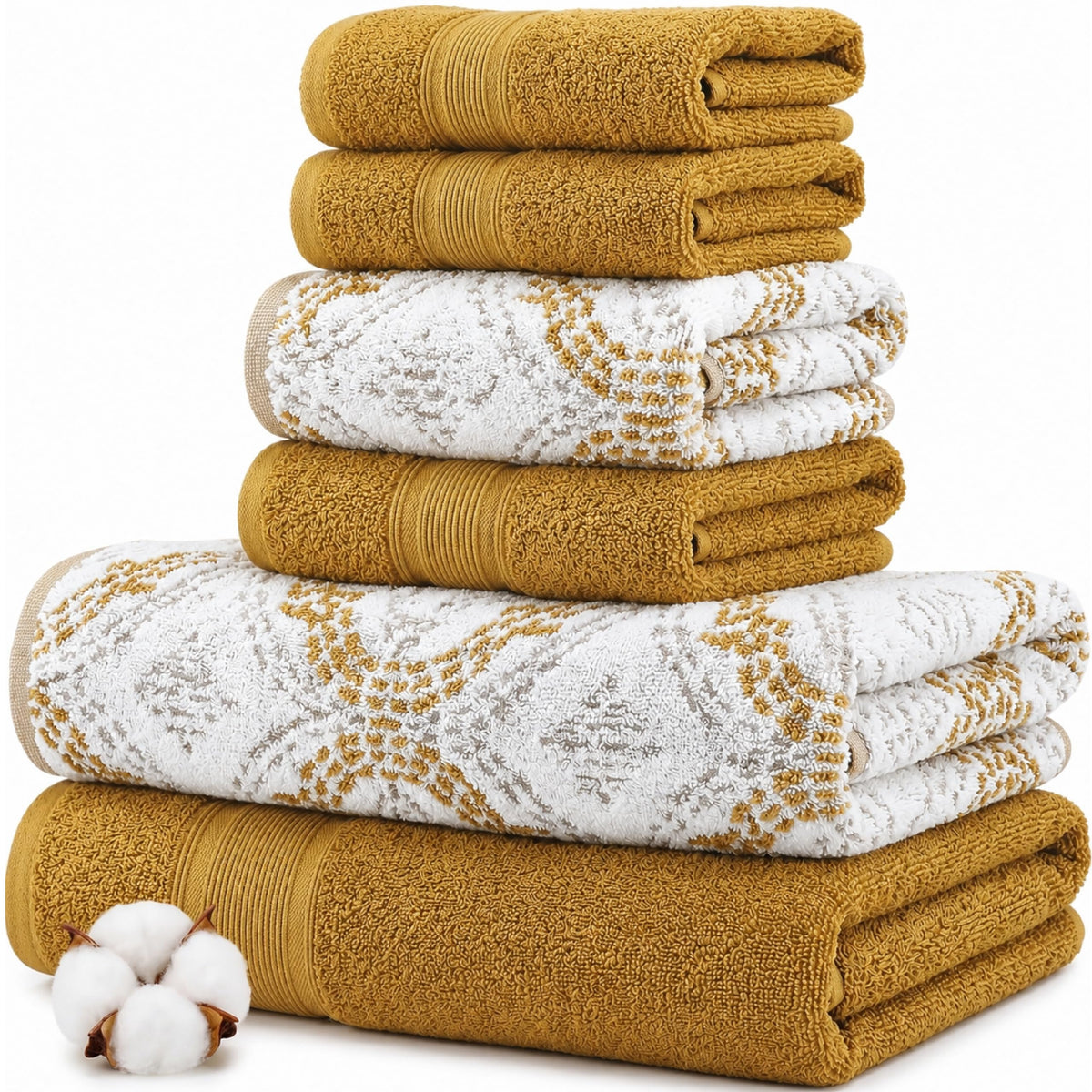 Modern Threads towel set front view showing gold jacquard and solid sides for instant elegance