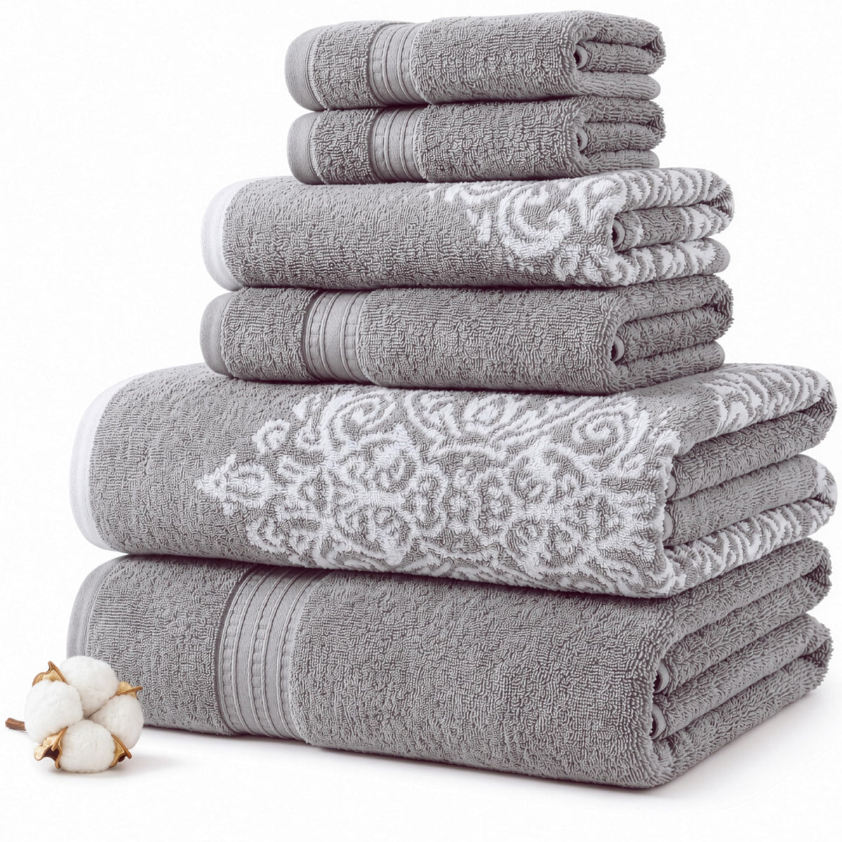 Modern Threads front stack showing grey medallion pattern and neat fold, adds style