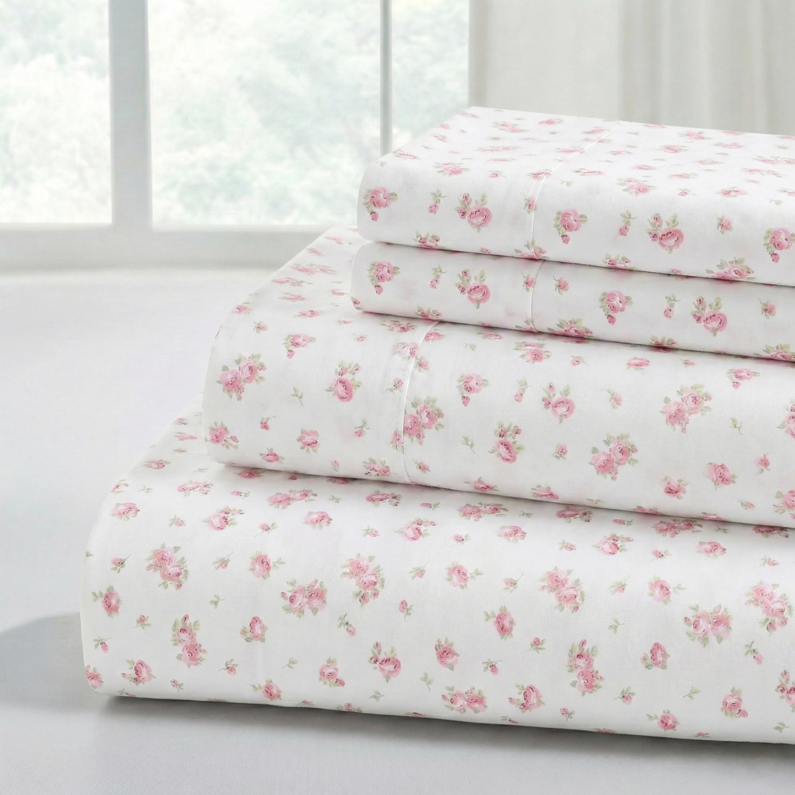 Modern Threads flat sheet front view showing ivory roses and smooth finish for elegant bedding