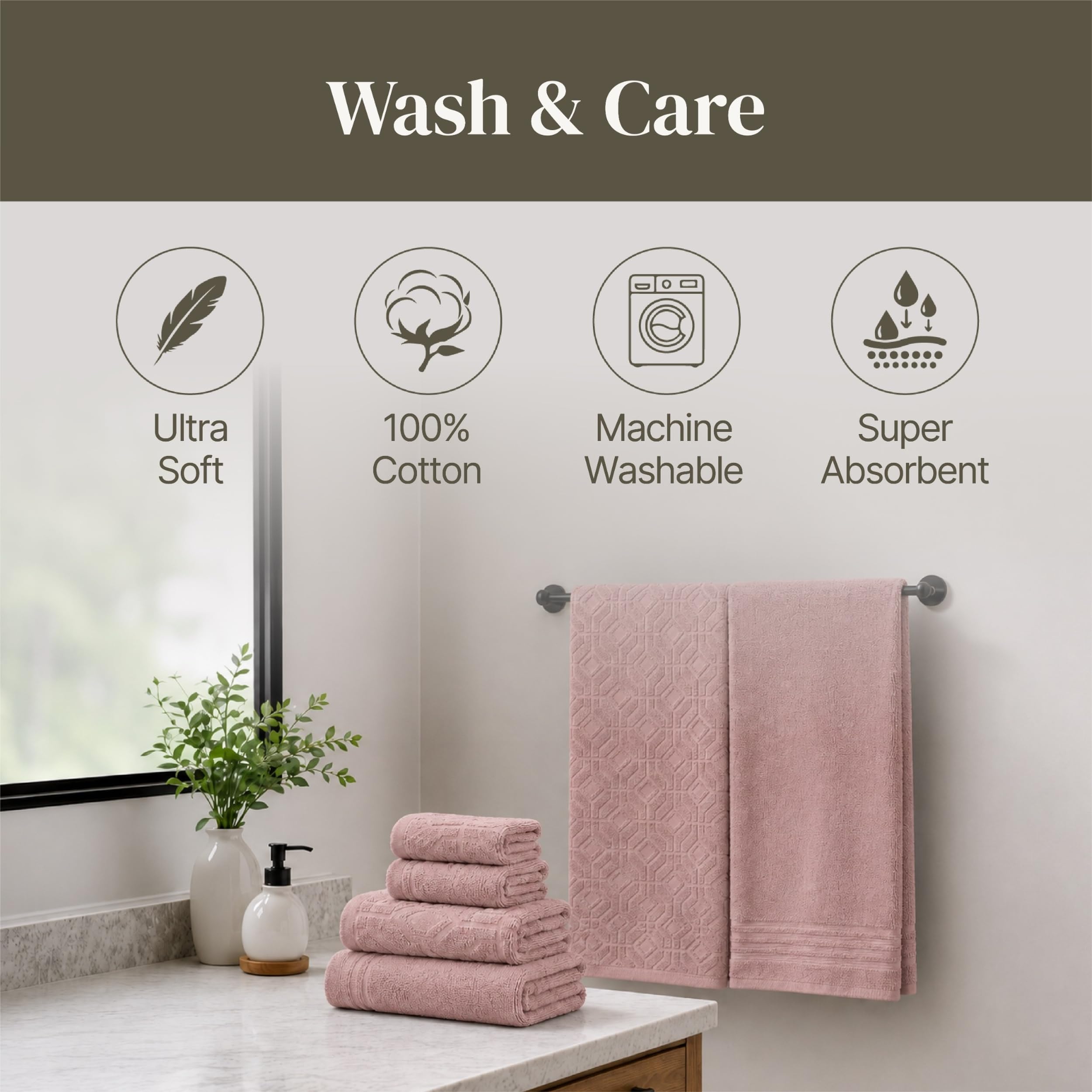 Modern Threads folded towel set on shelf illustrating tidy storage and durability
