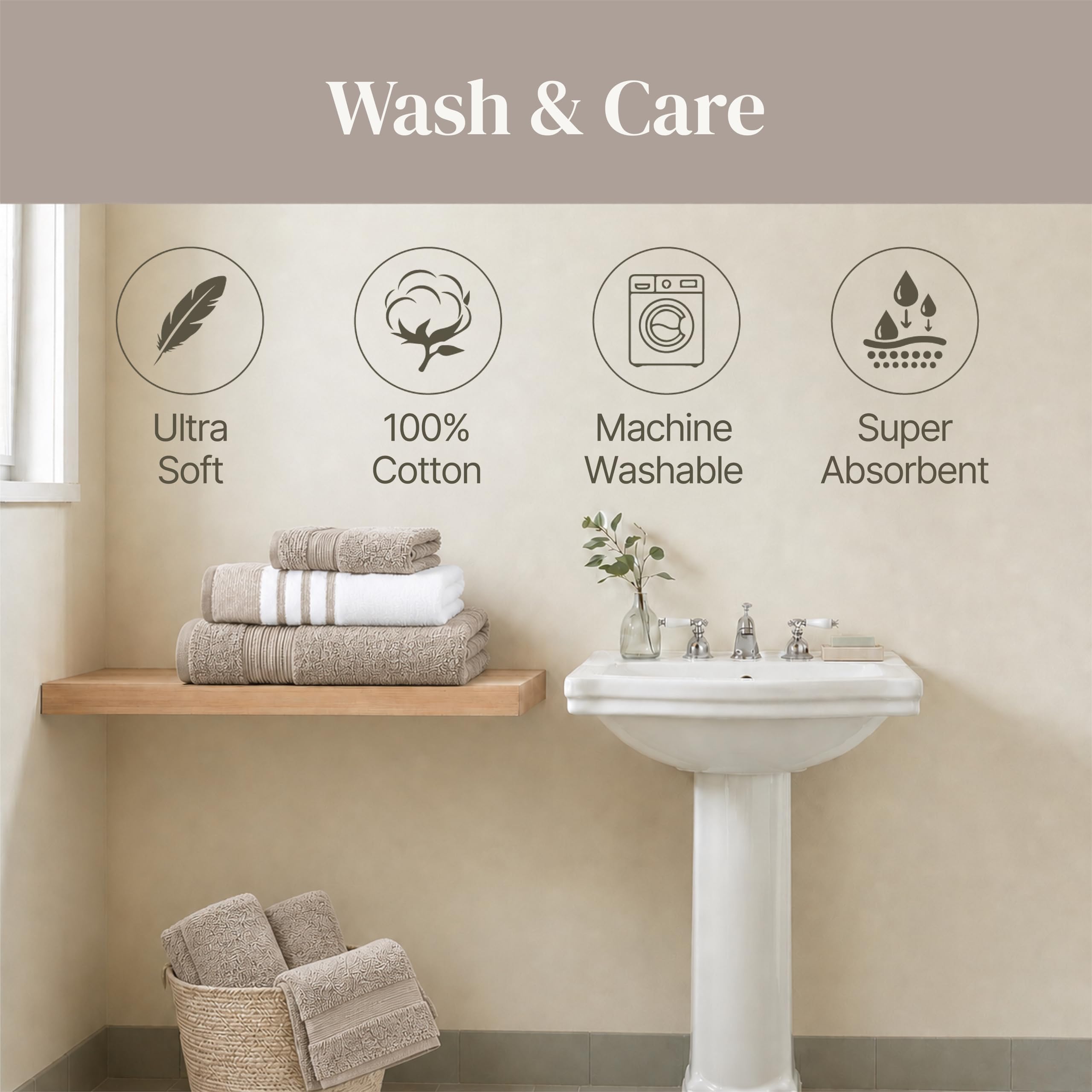 Modern Threads folded towel set on shelf showing neat storage and ready-to-use convenience