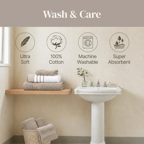 Modern Threads folded towel set on shelf showing neat storage and ready-to-use convenience
