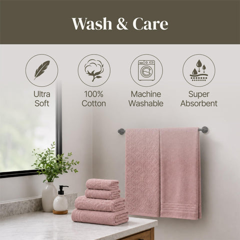 Modern Threads folded towel set on shelf illustrating tidy storage and durability