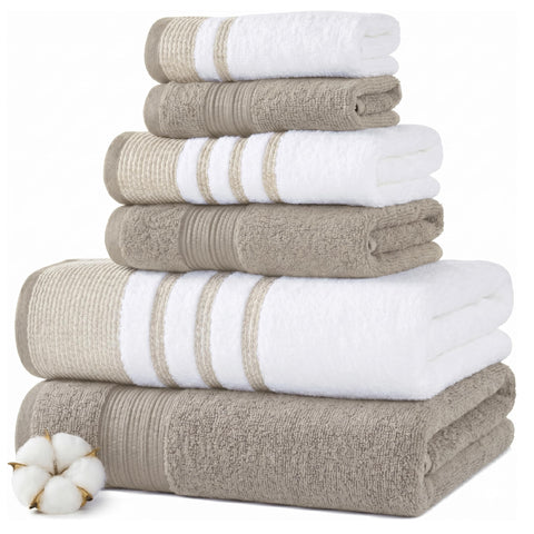 Modern Threads front view of towel set showing coordinated pieces and classic stripe for cohesive decor