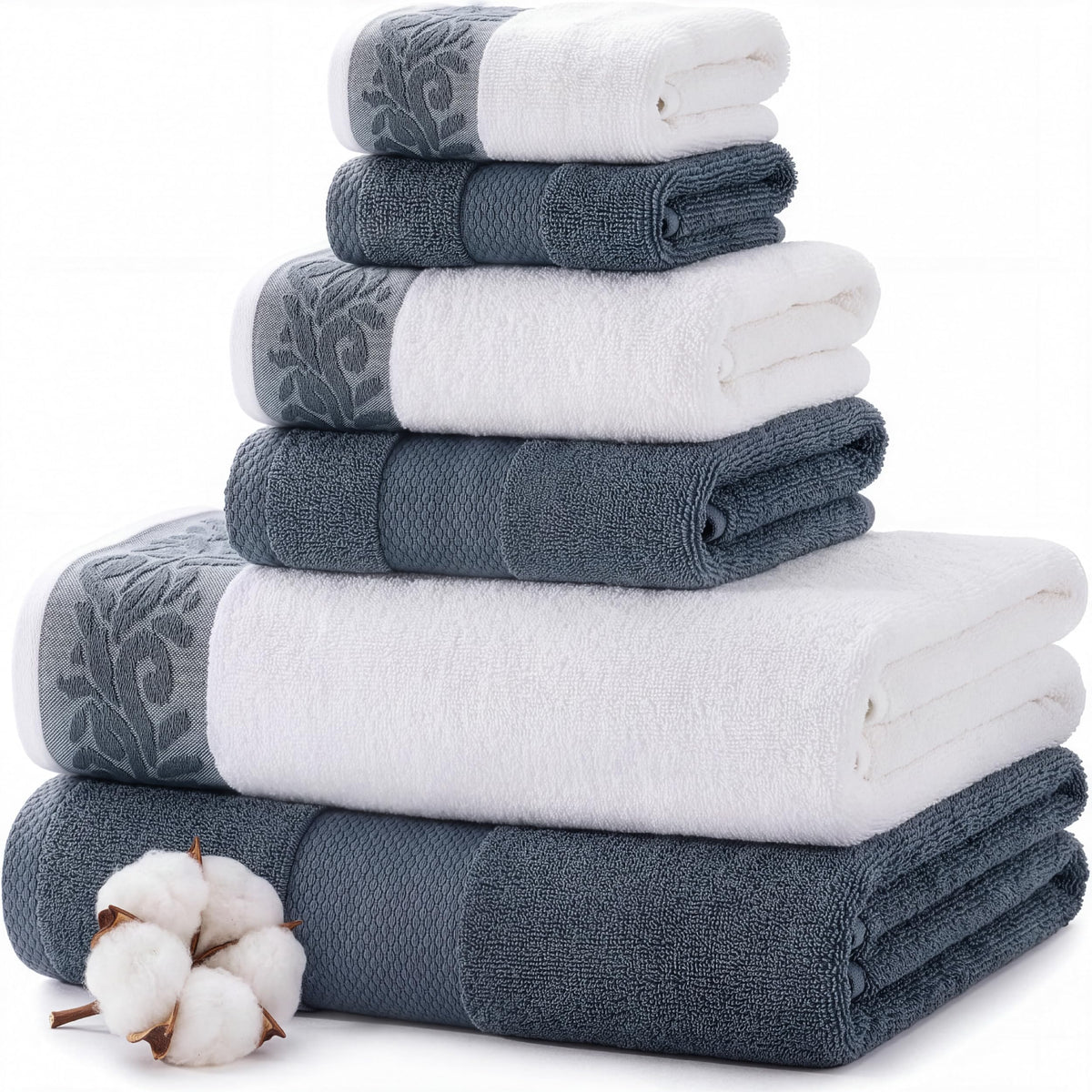 Modern Threads front view of blue towel set shows coordinated pieces and neat packaging
