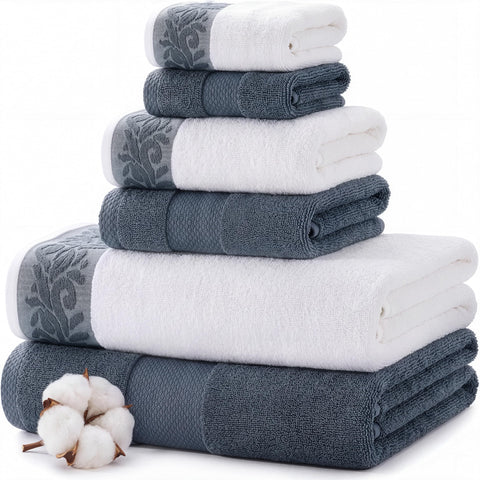 Modern Threads front view of blue towel set shows coordinated pieces and neat packaging