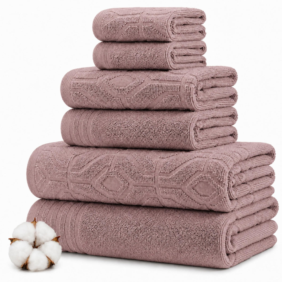 Modern Threads front view of whole blush towel set shows coordinated look and benefit