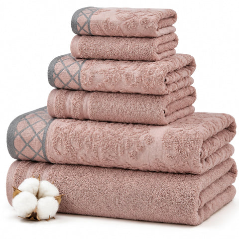 Modern Threads front packaging showing blush towel set and contents benefit: clear set overview