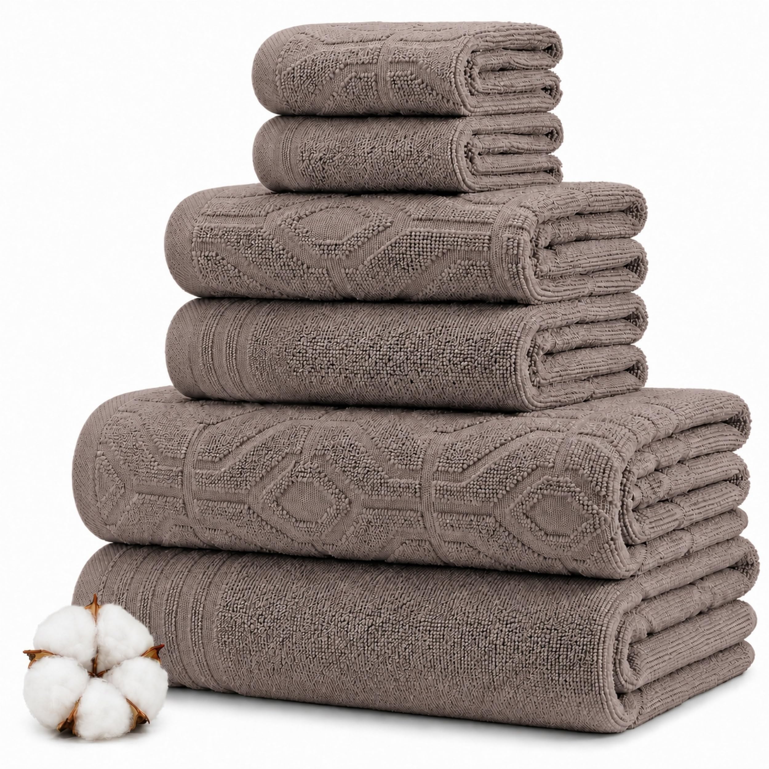 Modern Threads front view of Classic Taupe set showing neat folded towels and pattern benefit absorbency