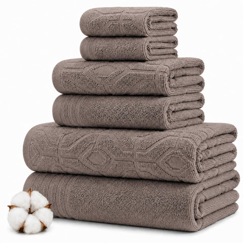 Modern Threads front view of Classic Taupe set showing neat folded towels and pattern benefit absorbency