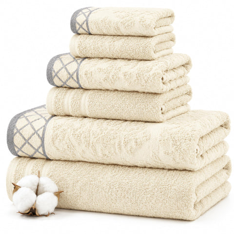 Modern Threads front view of ivory cream towel set showing coordinated pieces and neat fold benefit