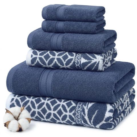 Modern Threads front view of navy towel set showing coordinated pieces and plush look