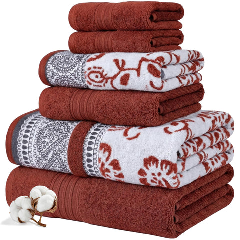 Modern Threads front packaging showing rust orange towel set and benefits